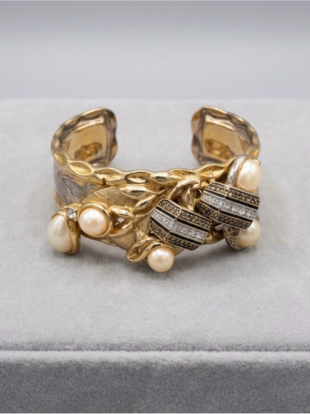 Rare Vintage Gold & Pearl Cuff Bangle with Pave Diamonds